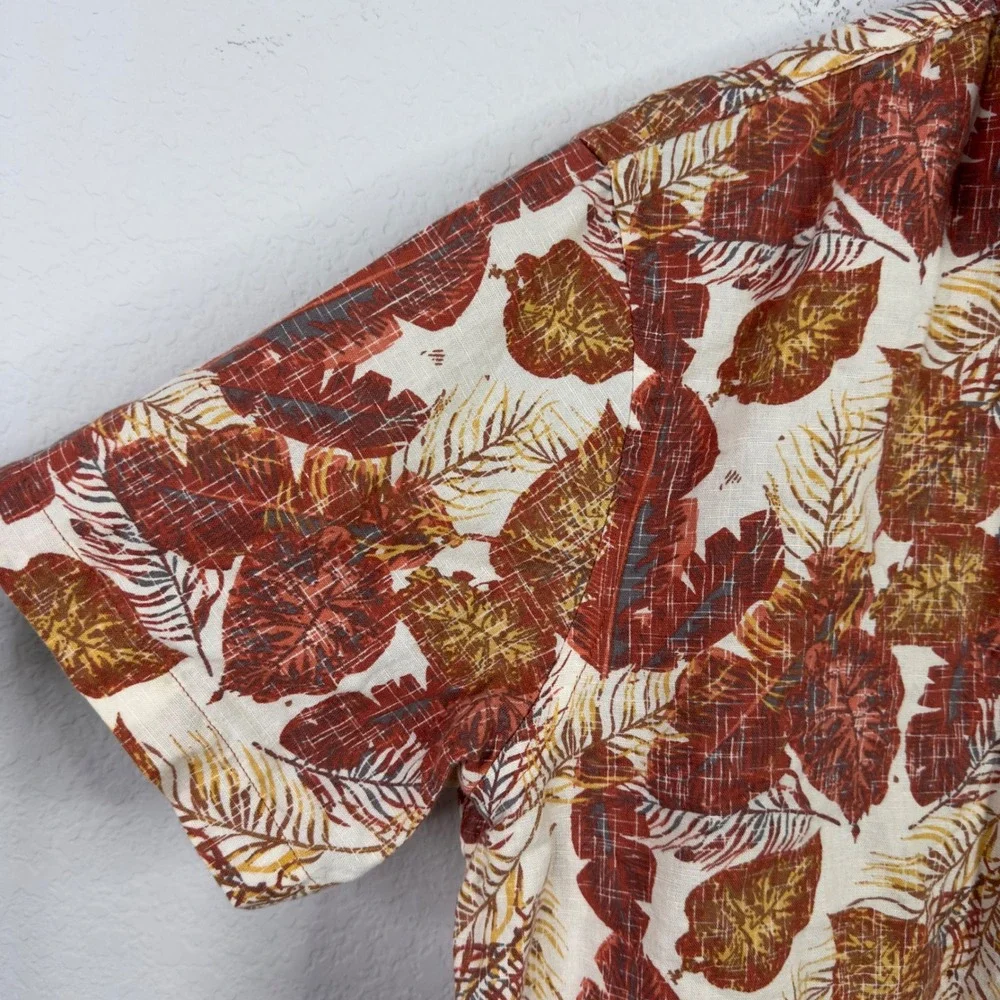 Banana Republic Shirt Mens L Brown Linen Blend Leaf Slim Short‎ Sleeve Tropical